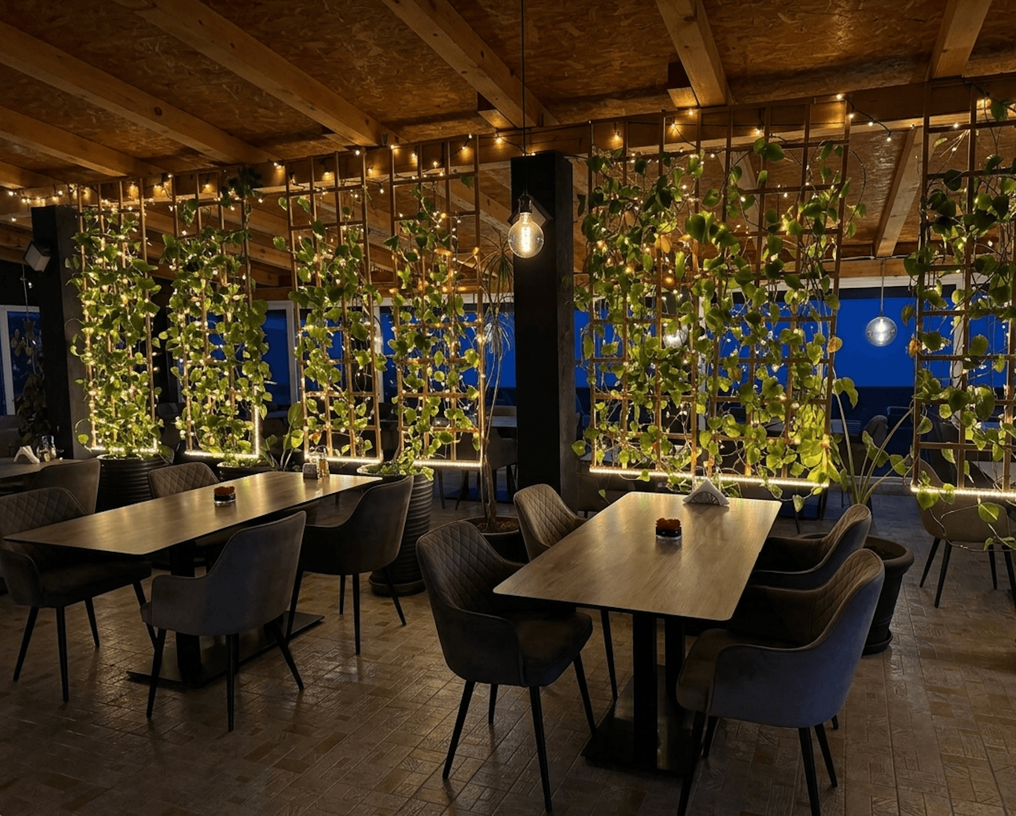 Restoran Infinity — unutrašnjost s živim zidom u noći